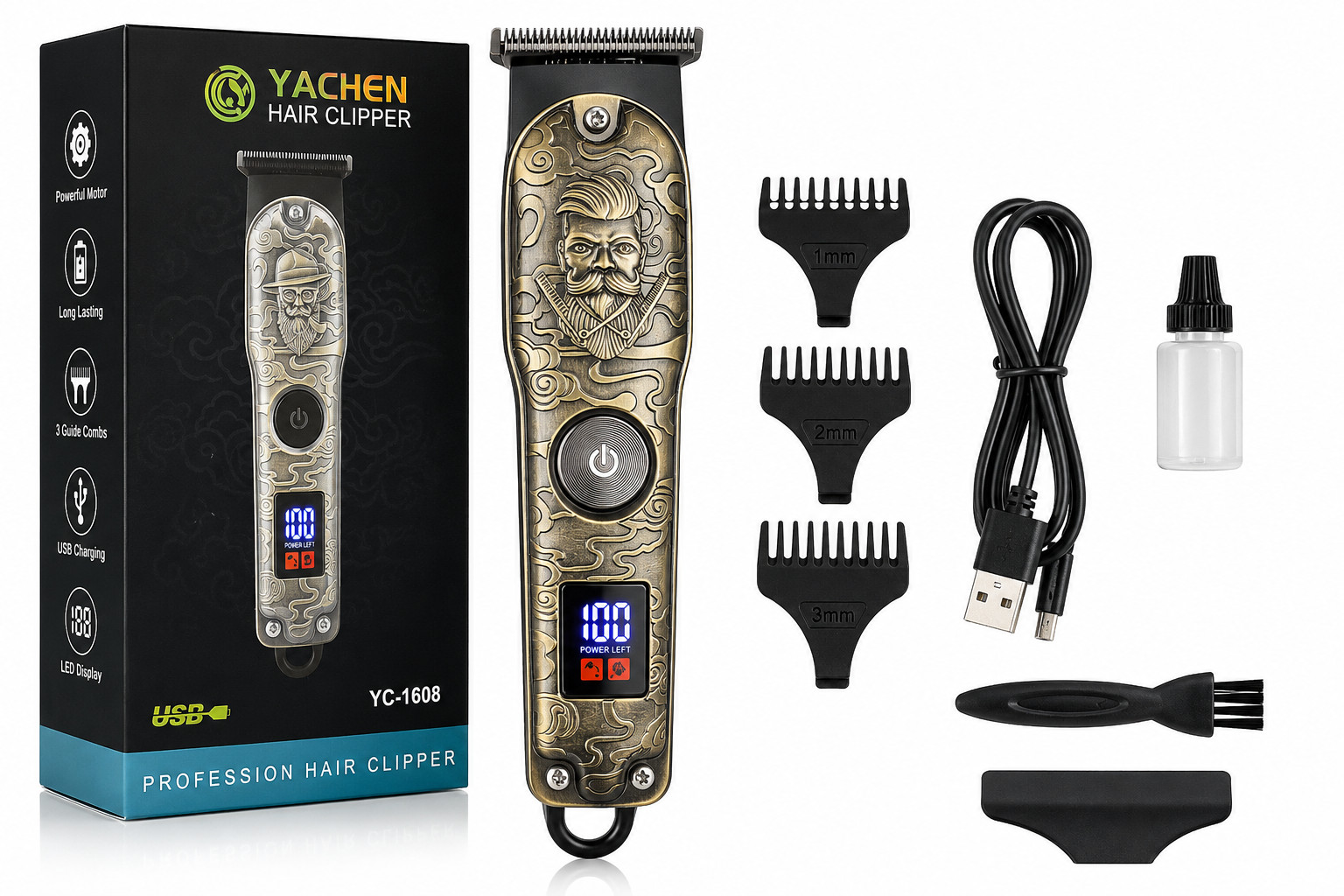 Cordless Hair & Beard Trimmer T-Blade Clipper USB Rechargeable Metal GroomingKit