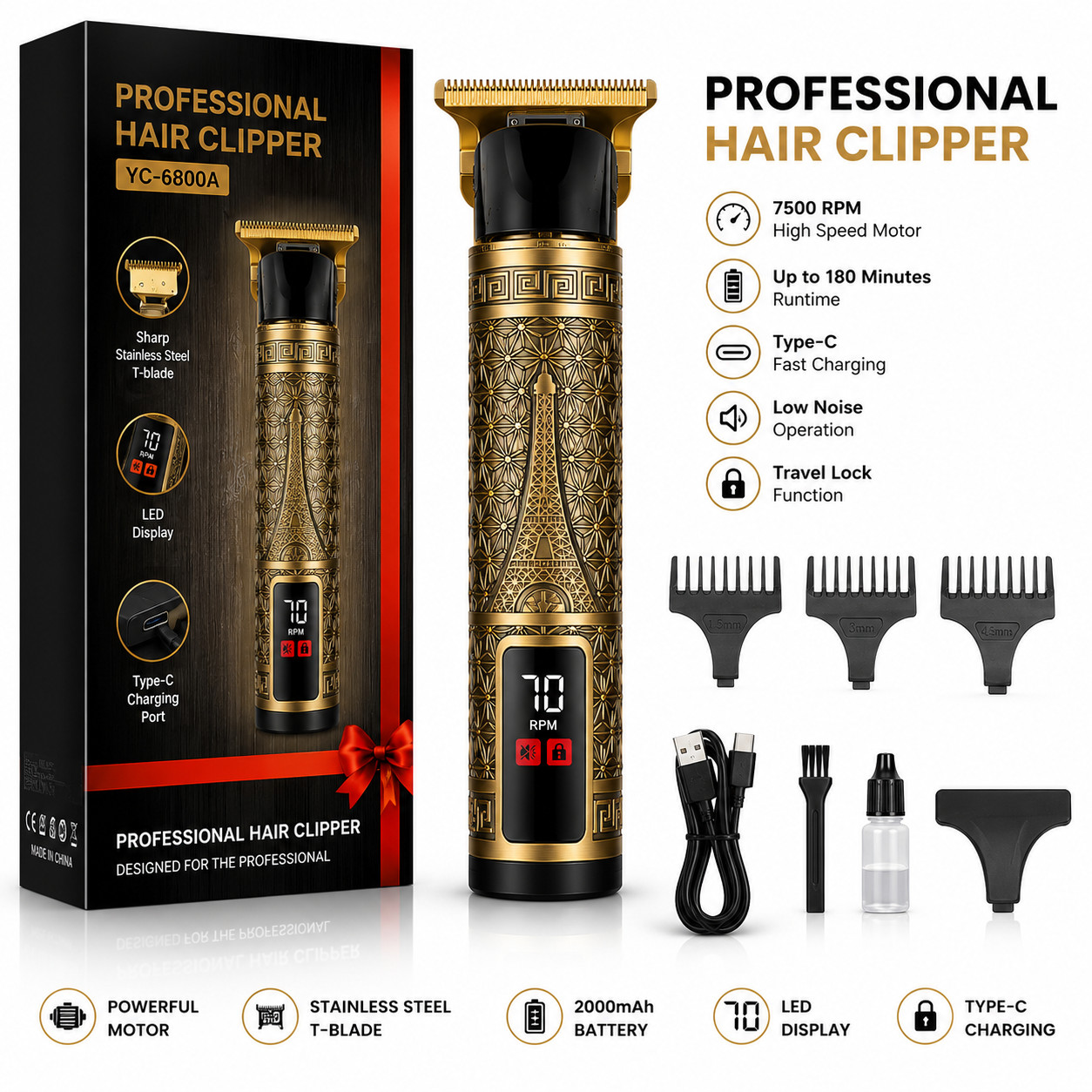 Rechargeable Hair Clipper Grooming Kit T-Blade Beard Trimmer