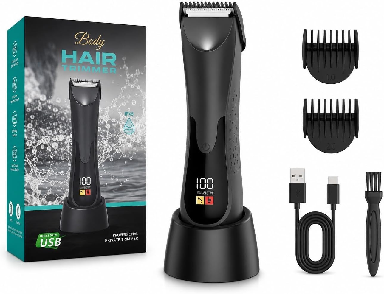 Groin Hair Body Trimmer For Men Electric LED Trimmer Dry Body Shavers USB-C