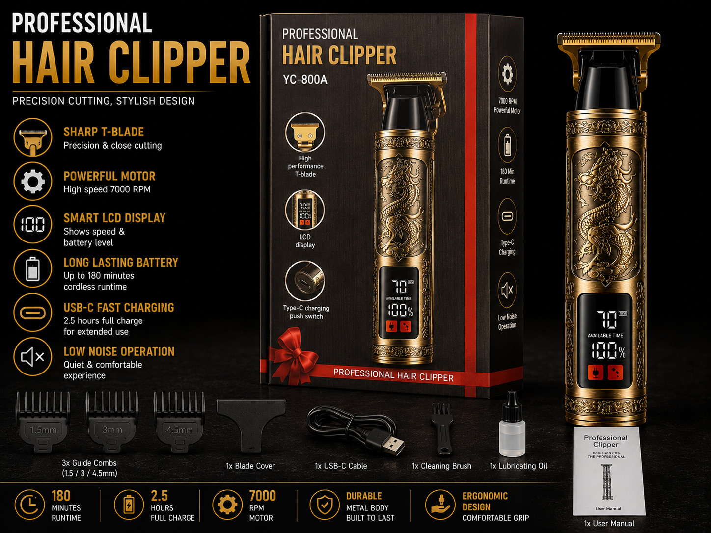 Mens Grooming Kit Hair Clipper Beard Trimmer USB Rechargeable LED Display