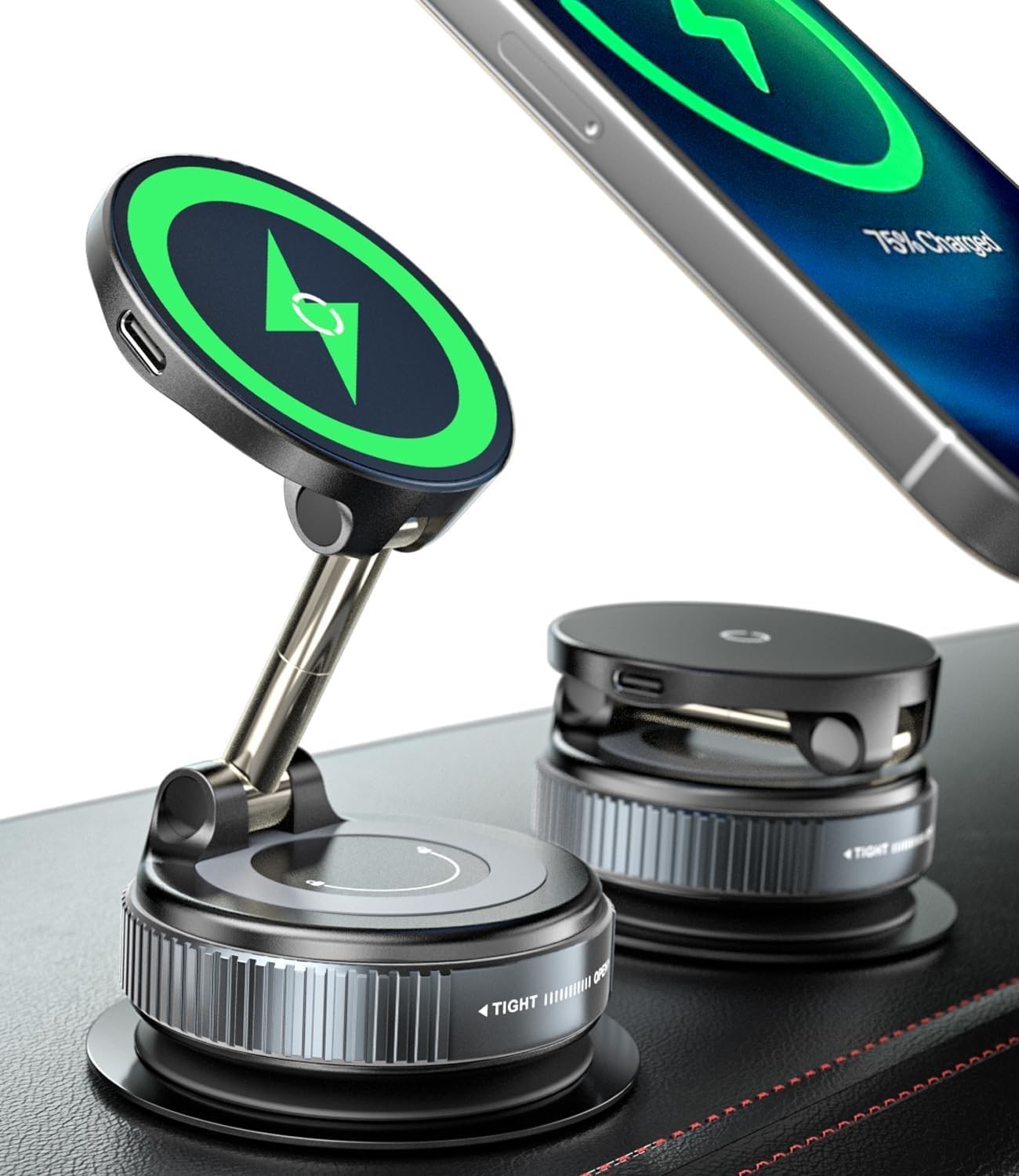 15W Wireless Charger Magnetic Car Phone Holder [Vacuum Suction Cup] 360° Adjustable & Foldable Car Mount Charger for Dashboard/Windshield [Compatible with MagSafe] for iPhone 17/16/15/14/13/12
