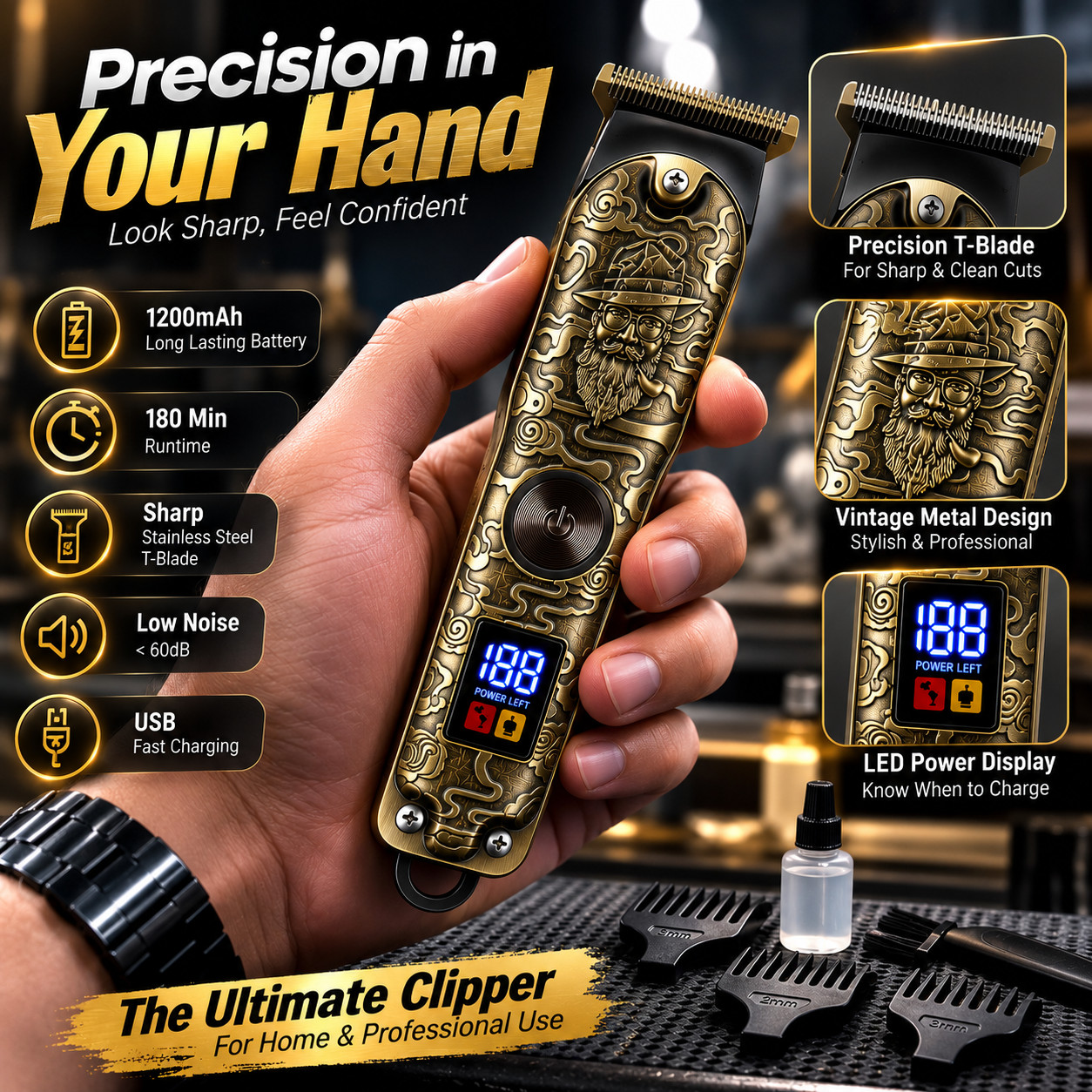 Cordless Hair Clipper Beard Trimmer USB Rechargeable Precision T-Blade Grooming