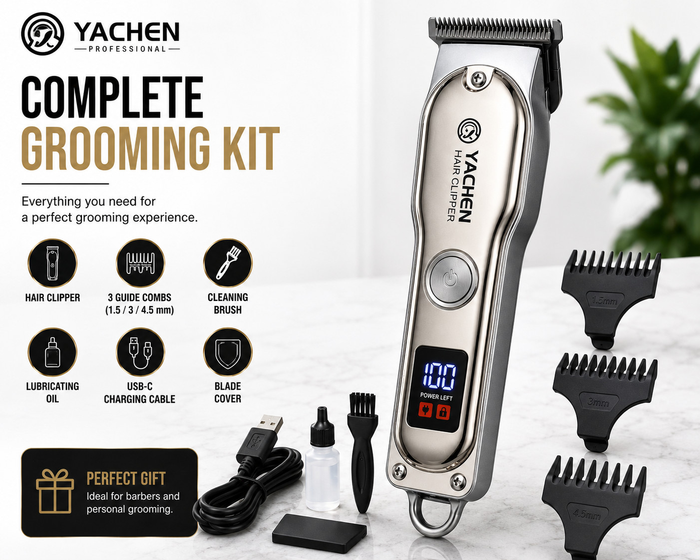 Cordless Hair Clipper with LED Display USB-C Rechargeable Hair Trimmer