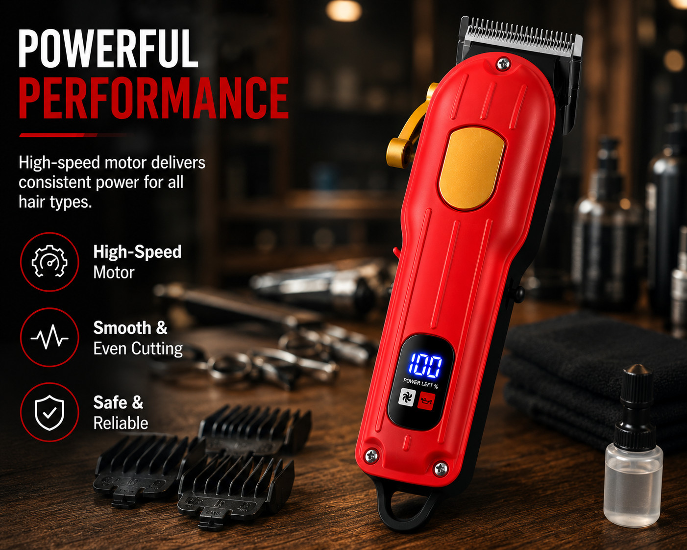 Cordless Hair Clipper USB Rechargeable LED Display Hair Beard Trimmer Red
